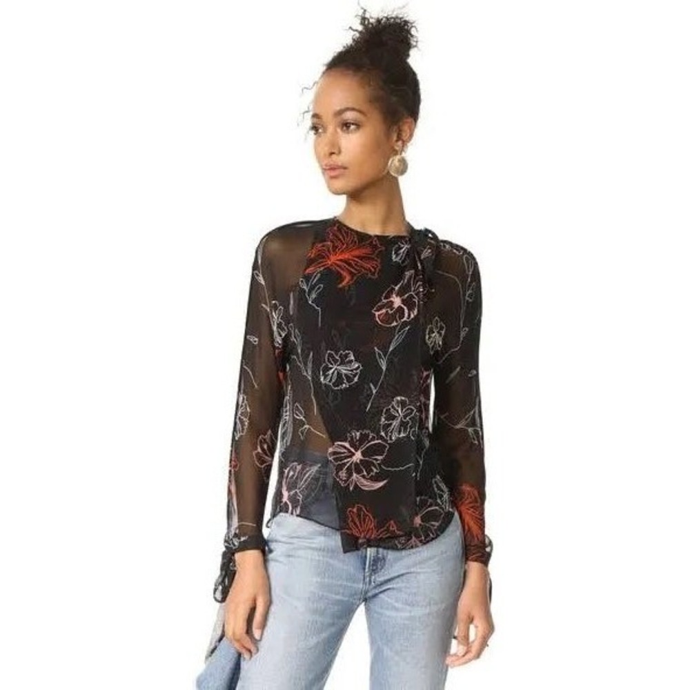 Diane Von‎ Furstenberg Floral Tie Neck Slit Blouse Long Sleeve Sheer Top Size 8